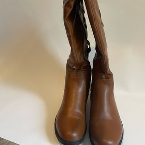 GJHYJK Women’s Knee High Leather Heeled Side Zippered Belt Buckle Boots Brown-2